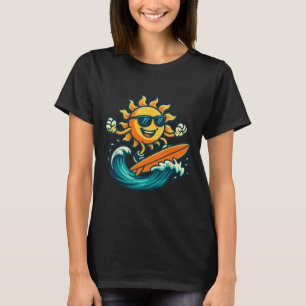 Cartoon Sun Surfing Summer Beach Wave Art T-Shirt