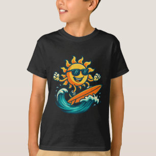 Cartoon Sun Surfing Summer Beach Wave Art  T-Shirt