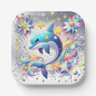Cartoon Sweet Dolphin Baby Shower Paper Plate