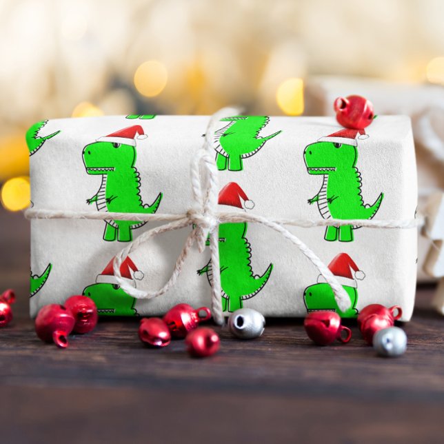 Cartoon T Rex Cute Dino Santas Christmas Hat Wrapping Paper Sheet (Creator Uploaded)