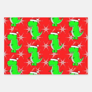 Cartoon T Rex Cute Dino Santas Christmas Hat Wrapping Paper Sheet