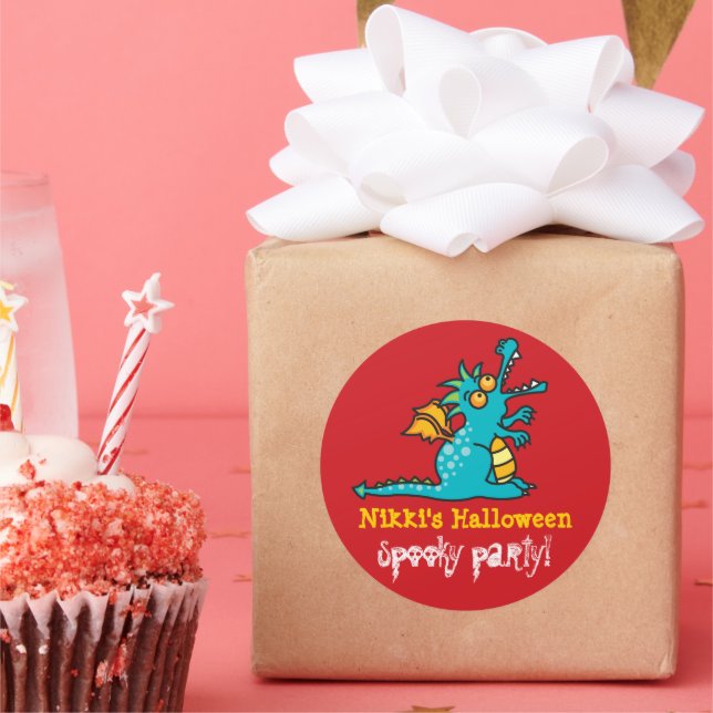 Cartoon Teal Green Magic Dragon Halloween Party Classic Round Sticker (Party)