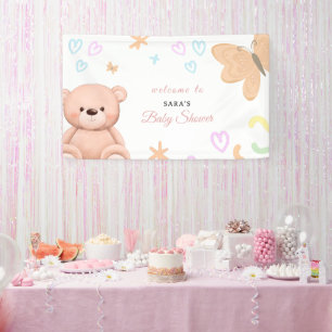 Cartoon Teddy Bear Pastel Girl Baby Shower Welcome Banner