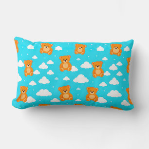 Cartoon Teddy Bears with Clouds on Blue Background Lumbar Pillow