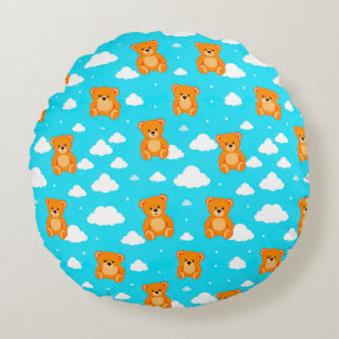 Cartoon Teddy Bears with Clouds on Blue Background Round Pillow