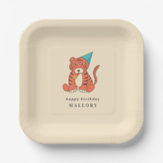Cartoon Tiger in a Party Hat Vintage Birthday Paper Plate