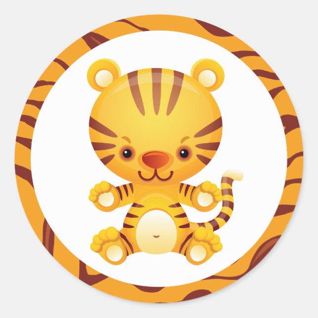 Cartoon Tiger with Tiger Print Classic Round Sticker (Front)