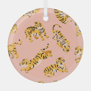 Cartoon tigers, pink vintage pattern. glass ornament