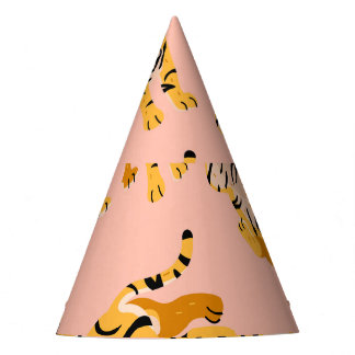 Cartoon tigers, pink vintage pattern. party hat
