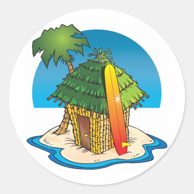 Cartoon Tiki Hut with Surfboard and Palm Classic Round Sticker (Front)