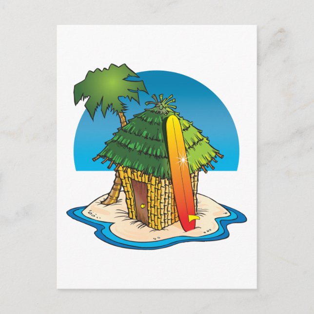 Cartoon Tiki Hut with Surfboard and Palm Postcard (Front)