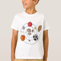 Cartoon toddler boy dreaming of sport's balls