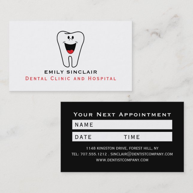 Cartoon Tooth Logo, Dentist Appointment Business Card (Front/Back)