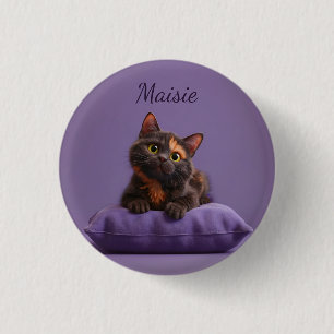 Cartoon Tortoiseshell Kitten on Purple Cushion 1 Inch Round Button