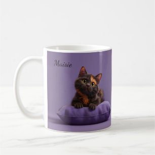 Cartoon Tortoiseshell Kitten on Purple Cushion Coffee Mug
