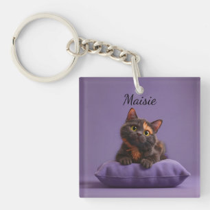 Cartoon Tortoiseshell Kitten on Purple Cushion Keychain
