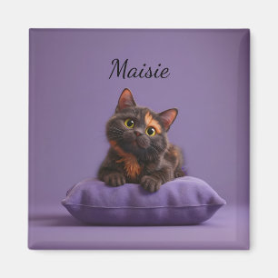 Cartoon Tortoiseshell Kitten on Purple Cushion Magnet