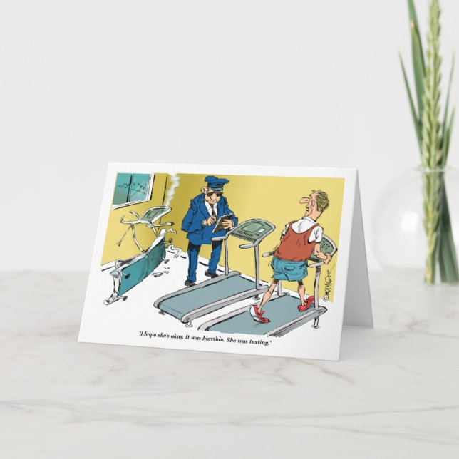 Cartoon treadmill accident during exercise card (Front)