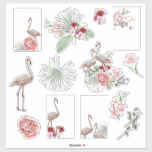 Cartoon tropical stickers with palm and flamingo.