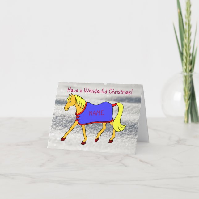 Cartoon Trotting Pony on Snow Christmas Card (Front)