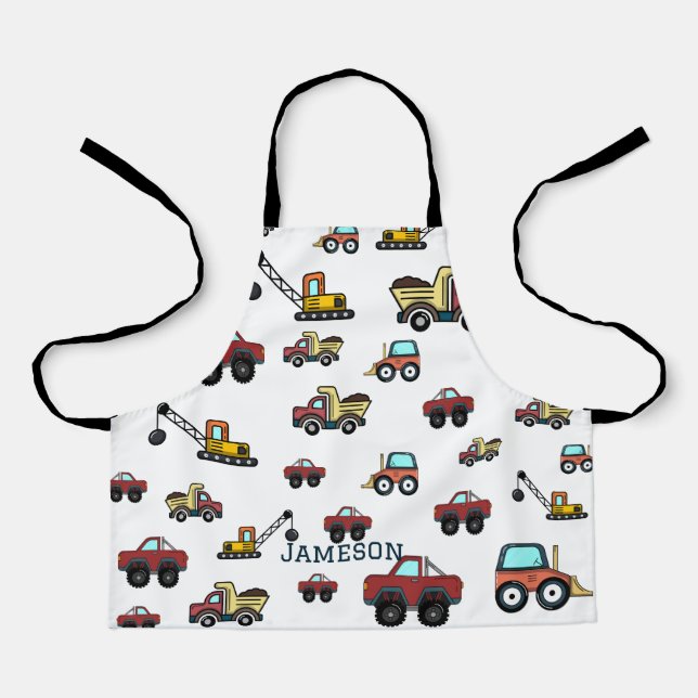 Cartoon Truck Car Crane Vehicle Name Personalized Apron (Front)