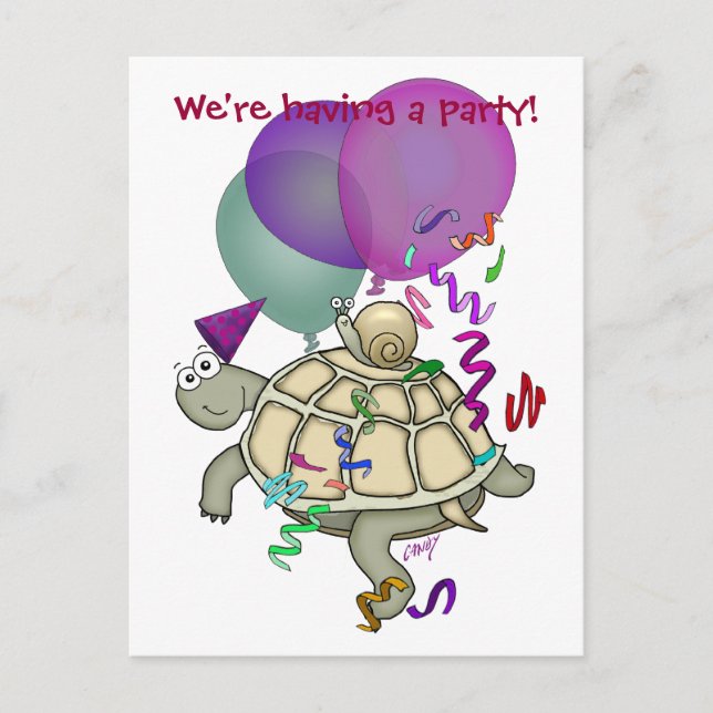 Cartoon turtle and snail birthday party invitation postcard (Front)