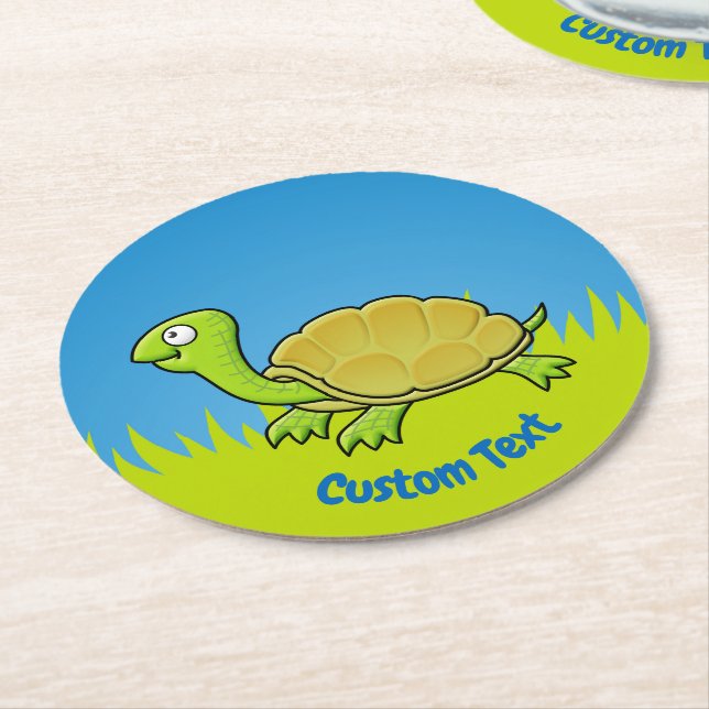 Cartoon Turtle Round Paper Coaster (Angled)