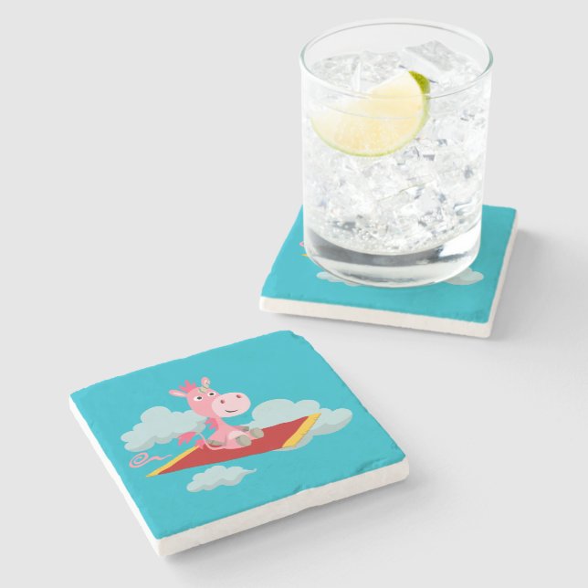 Cartoon Unicorn's Magic Carpet Ride Stone Coaster (Side)