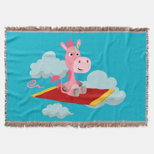 Cartoon Unicorn's Magic Carpet Ride Throw Blanket (Front)