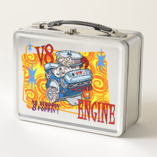 CARTOON V-8 ENGINE METAL LUNCH BOX