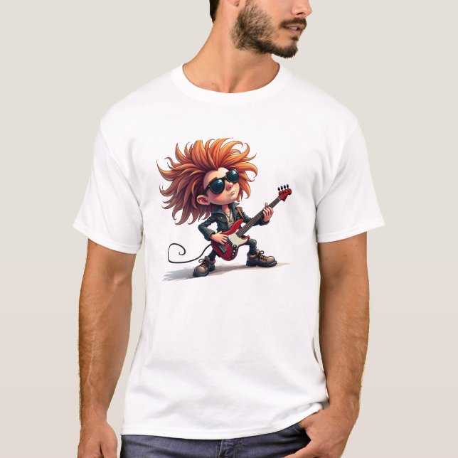 Cartoon Vector of Guitarist in Line and Fill T-Shirt (Front)