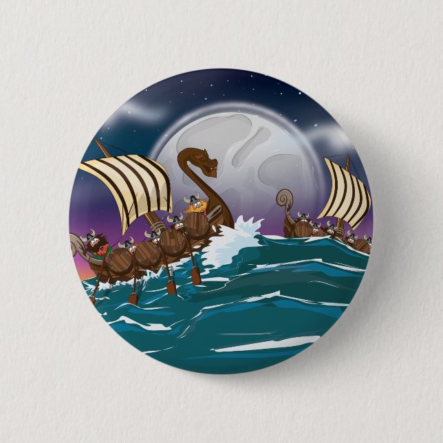 Cartoon Viking invasion fleet 2 Inch Round Button (Front)