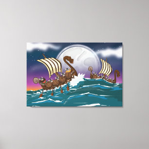 Cartoon Viking invasion fleet Canvas Print