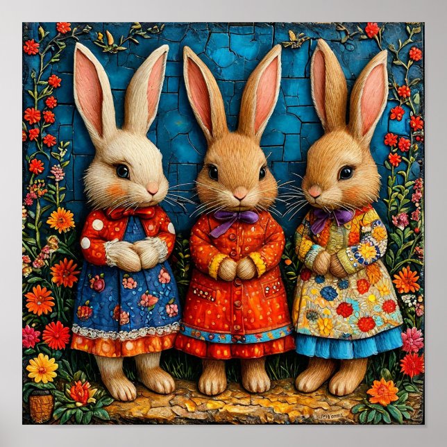 🐰 Cartoon Vintage Rabbits Cottage Art Poster (Front)