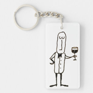 Cartoon Waiter Guy Holding Wine Glass Keychain