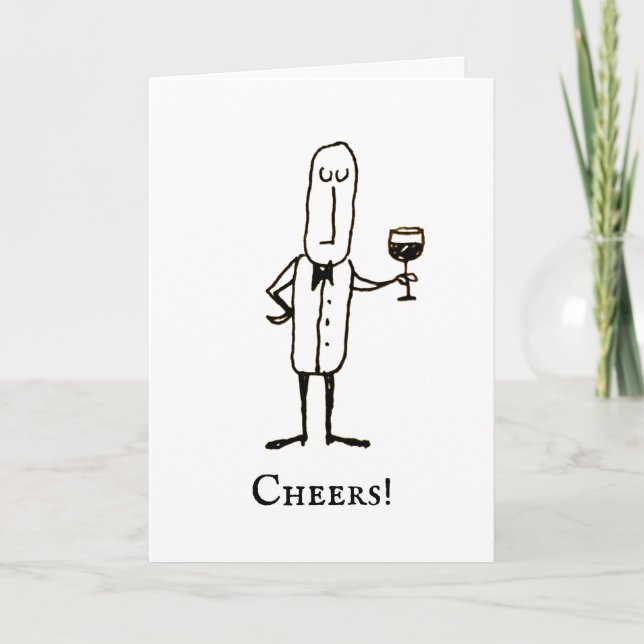 Cartoon Waiter Holding Wine Congratulations Card (Front)