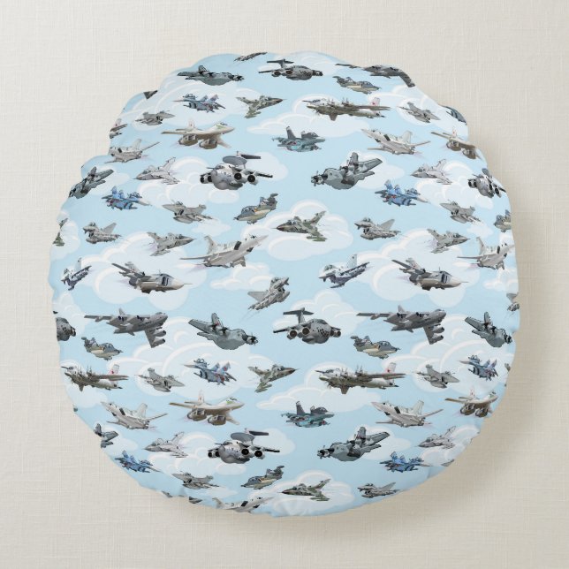 Cartoon warplanes pattern fabric round pillow (Front)