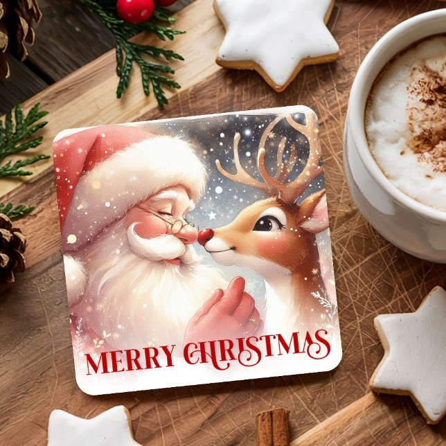Cartoon Watercolor Santa Rudolph Christmas Coaster (Cartoon Watercolor Santa Rudolph Christmas Coasters)