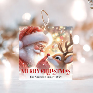 Cartoon Watercolor Santa Rudolph Christmas Tags