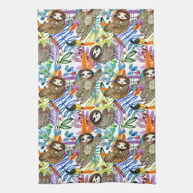 Cartoon Watercolor Sloth Pattern Kitchen Towel (Vertical)