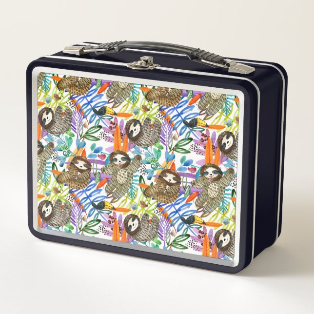Cartoon Watercolor Sloth Pattern Metal Lunch Box (Front)