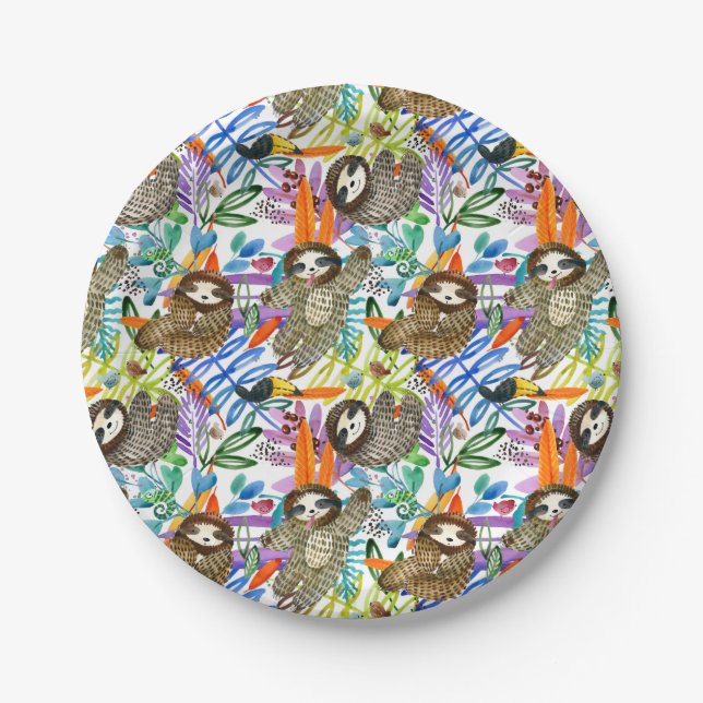 Cartoon Watercolor Sloth Pattern Paper Plate (Front)