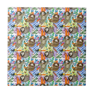 Cartoon Watercolor Sloth Pattern Tile