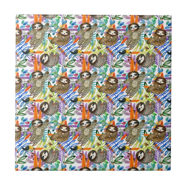 Cartoon Watercolor Sloth Pattern Tile (Front)