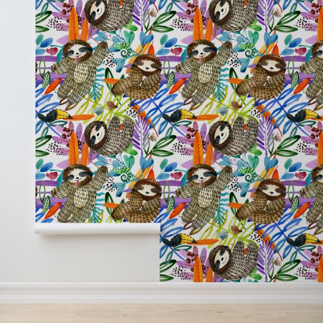 Cartoon Watercolor Sloth Pattern Wallpaper (Application)