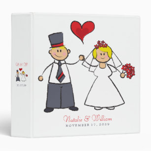 Cartoon Wedding Couple Bride & Groom Red Heart Binder