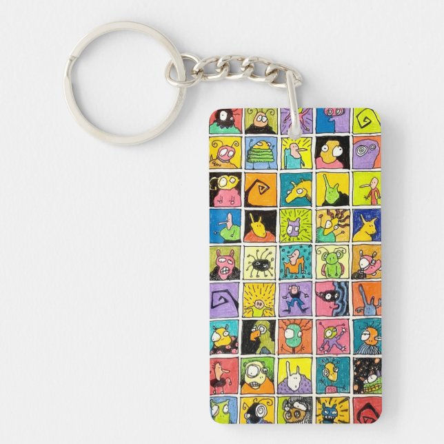 Cartoon Weird Strange Faces Square Designs Keychain (Front)