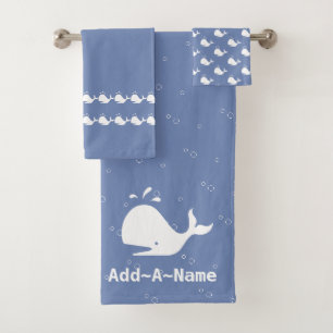Cartoon Whale  Add your name cornflower Blue Bath Towel Set