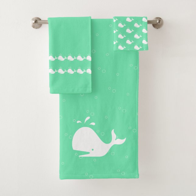 Cartoon Whale Aqua Marine Blue Green Bath Towel Set (Insitu)