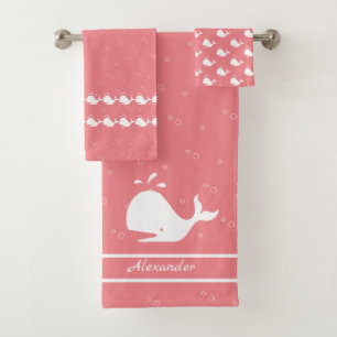 Cartoon Whale Ocean Coral Pink white  Bath Towel Set